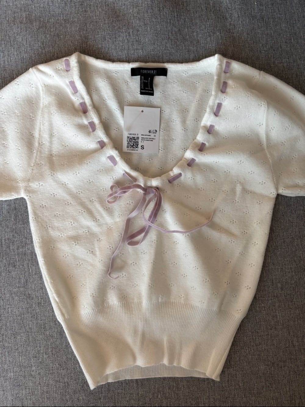 Forever 21 Cream Short Sleeve Knit Top with Lavender Ribbon Tie
